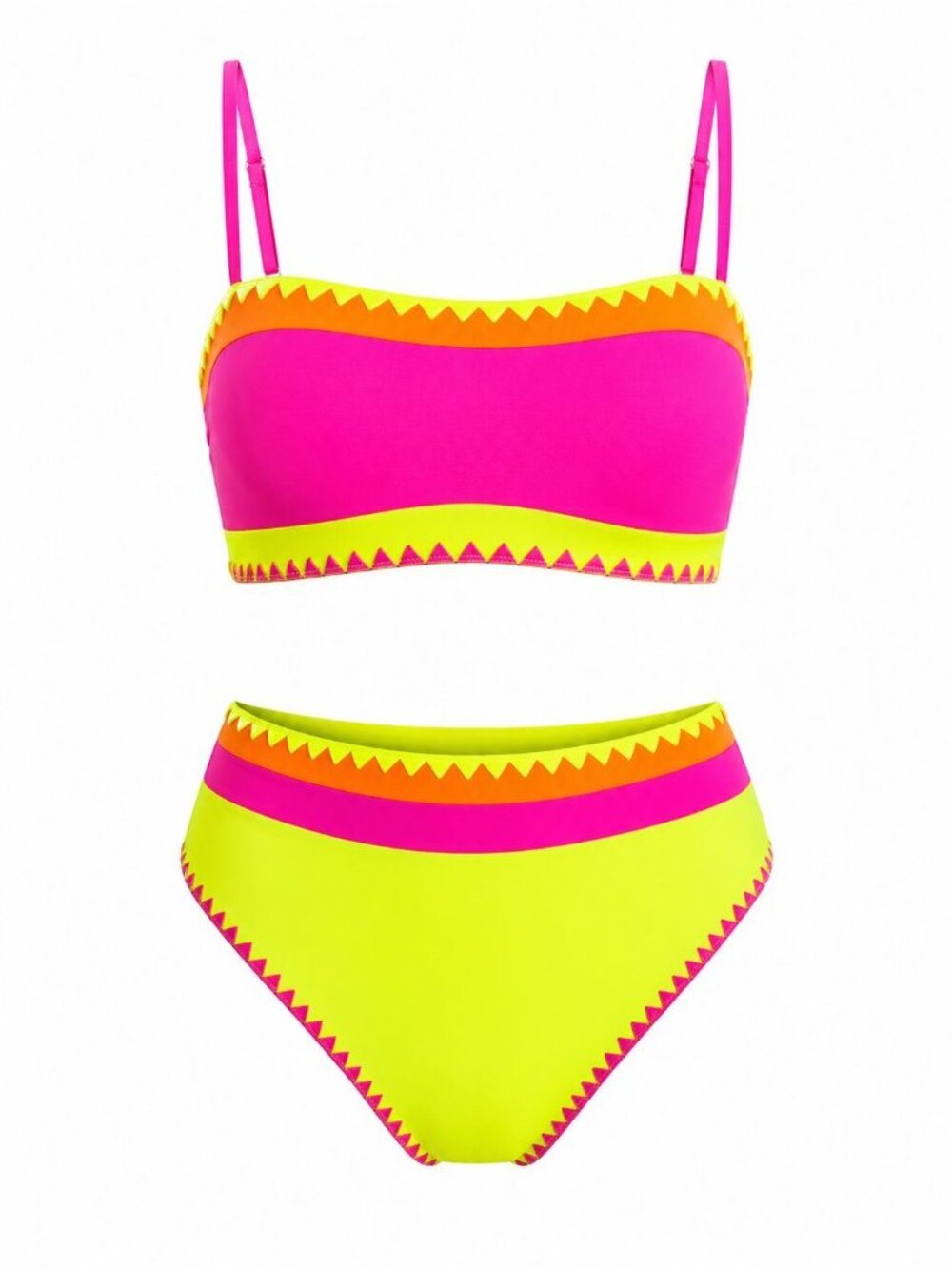 🆕Small Neon Pink Color Block Bandeau Strapless Whip Stitch Bikini NWOT - Picture 3 of 4